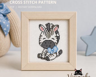 Zebra Cross Stitch Pattern, Zebra with Blue Neck Bow, Safari Nursery Decor PDF