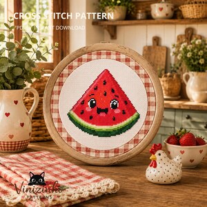May include: A cross stitch pattern featuring a cute watermelon slice with a smiling face, black seeds, and a green rind, displayed in a round wooden embroidery hoop with a red and white gingham border on the fabric, labeled as a PDF instant download.