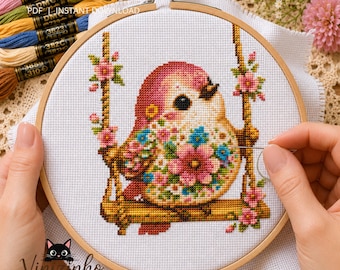 Bird Flowers Cross Stitch Pattern – Cottagecore Bird Swing Embroidery Chart (PDF Download)