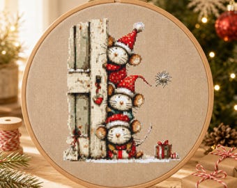 Cute Curious Christmas Mice Trio Cross Stitch Pattern PDF – Instant Download