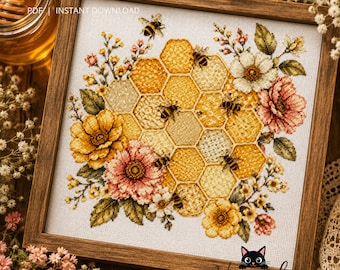 Honeycomb Bee Cross Stitch Pattern PDF, Floral Beehive Chart