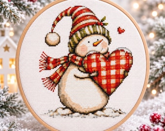 Snowman Holding Heart Cross Stitch Pattern, Christmas PDF