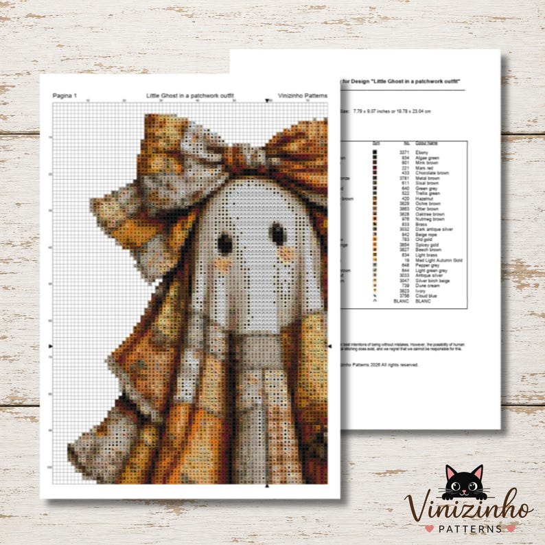May include: A cross-stitch pattern titled Little Ghost in a patchwork outfit featuring a ghost with a large orange and brown plaid bow, black eyes, and pink cheeks. The document includes a grid design and a color key with thread names.