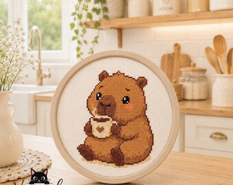 Capybara Drinking Coffee Cross Stitch Pattern – Easy Beginner Embroidery, Instant Download