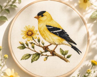Cross Stitch Bird Pattern, American Goldfinch PDF, Yellow Songbird Embroidery Design
