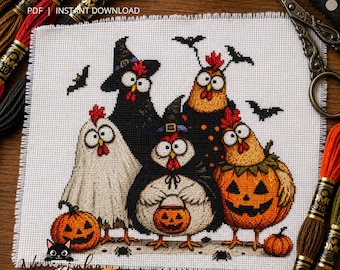 Halloween Chickens Cross Stitch Pattern | Funny Hens Pumpkin Ghost PDF
