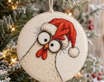 Funny Christmas Chicken Cross Stitch Pattern PDF, Curious Farm Hen in Santa Hat, Farmhouse Holiday Embroidery