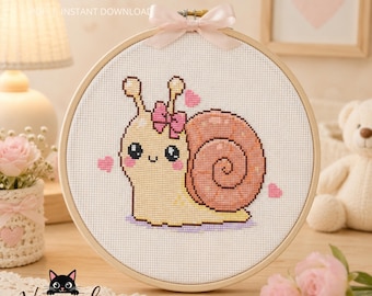 Snail with Bow Cross Stitch Pattern – Beginner Embroidery Pattern