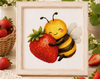 Bee Cross Stitch Pattern PDF, Spring Bee Hugging a Strawberry, Digital Pattern
