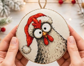 Curious Christmas Hen Cross Stitch Pattern PDF, Funny Chicken in Santa Hat, Holiday Ornament Embroidery