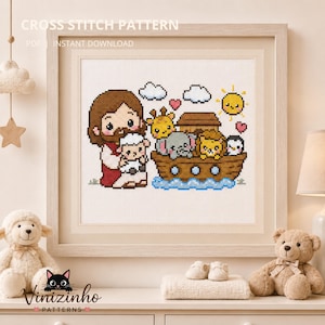 May include: Cross stitch pattern featuring a framed image of a cartoon depiction of Jesus holding a lamb, with animals on an ark. The image includes a sun, clouds, and hearts. The text "CROSS STITCH PATTERN" and "INSTANT DOWNLOAD" are visible.