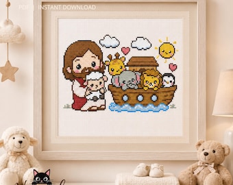 Animal on Noah’s Ark Cross Stitch Pattern, PDF Animal Embroidery Designs for Nursery Decor