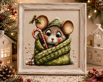 Christmas Mouse Cross Stitch Pattern PDF, Cozy Winter Mouse