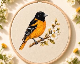 Baltimore Oriole Bird Cross Stitch Pattern – Floral Nature Embroidery PDF