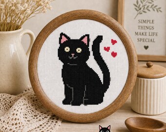Cross Stitch Pattern Black Cat - Beginner Friendly Kitten Embroidery PDF (Pattern Keeper Compatible)