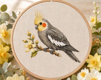 Bird Cross Stitch Pattern, Cockatiel PDF Pattern, Printable Embroidery Design