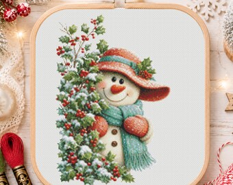 Peeking Snowman Cross Stitch Pattern, Christmas Winter Embroidery Chart, PDF Download