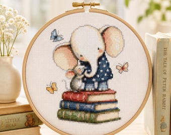 Book Lover Cross Stitch Pattern PDF, Cute Elephant and Mouse with Books, Bookish Reading Embroidery