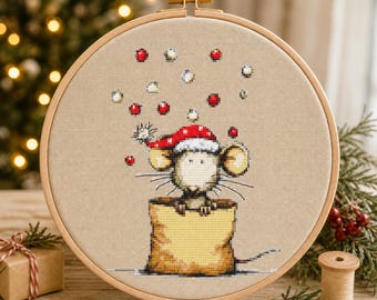 Christmas Mouse Cross Stitch Pattern PDF, Cute Mouse in Santa Hat, Holiday Embroidery Design