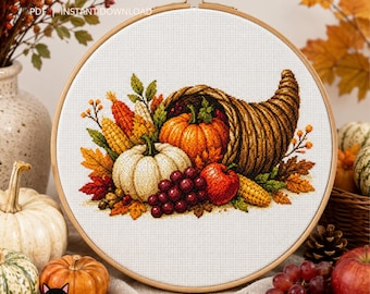 Fall Pumpkin Cross Stitch Pattern: Thanksgiving Cornucopia PDF Chart