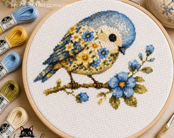 Blue Floral Bird Cross Stitch Pattern, Cottagecore Songbird Embroidery Chart (PDF Download)