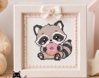 Raccoon Holding Donuts Cross Stitch Pattern – Easy Beginner Embroidery PDF (Compatible with Pattern Keeper)