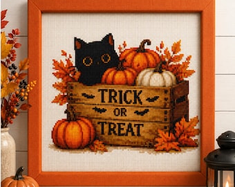 Black Cat Pumpkin Cross Stitch Pattern, Cozy Autumn Halloween Decor (PDF Download)