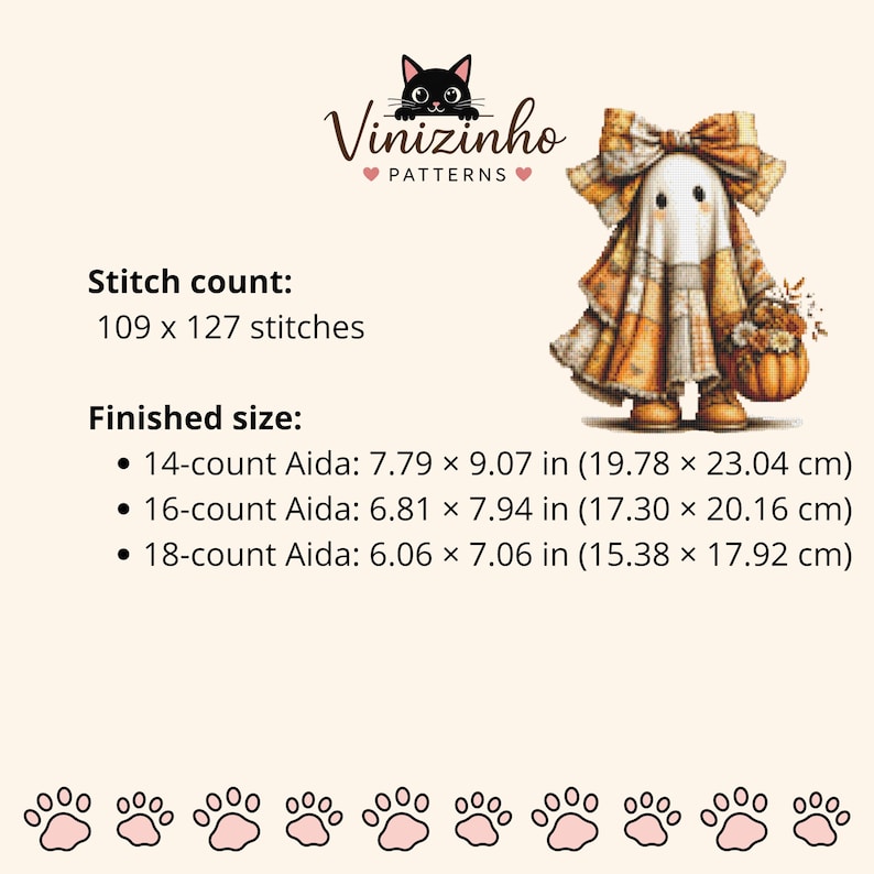 May include: A cross-stitch pattern by Vinizinho Patterns featuring a ghost wearing a large plaid bow and holding a pumpkin. The stitch count is 109 x 127 stitches. Finished sizes for 14, 16, and 18-count Aida cloth are listed in inches from 7.79 x 9.07 to 6.06 x 7.06.