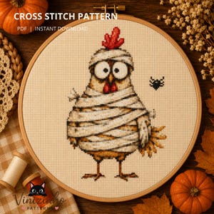 Halloween Cross Stitch Pattern, Mummy Chicken Cross Stitch Chart, DIY Embroidery Pattern, Instant Donwload