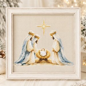 De tre vise männen korsstygnsmönster, julkrubba PDF, broderi av Jesusbarnet