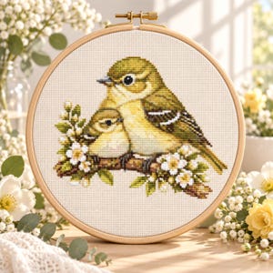 May include: A cross-stitch embroidery project in a round wooden hoop featuring two yellow and brown birds perched on a branch. The birds are surrounded by small white flowers and green leaves, all stitched onto a cream-coloured fabric background.