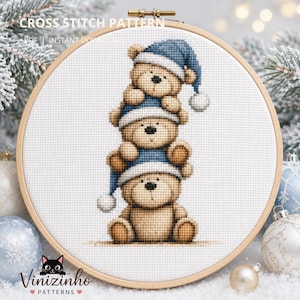 Stacked Christmas Teddy Bears Cross Stitch Pattern, Cute Winter Embroidery Chart, Instant PDF Download
