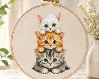 Cat Cross Stitch Pattern Instant PDF Download-Three Cats on Top of Each Other Watercolor Cross Stitch Hand Embroidery Kittens Animal Pattern