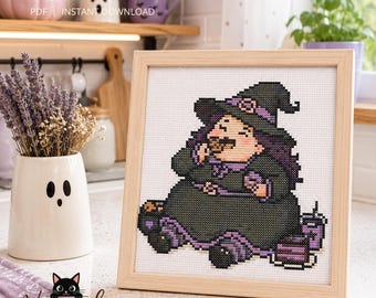Chubby Witch Cross Stitch Pattern, Halloween Decor, Easy for Beginners