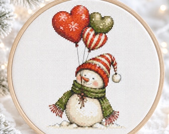 Snowman Cross Stitch Pattern, Heart Balloon Christmas PDF