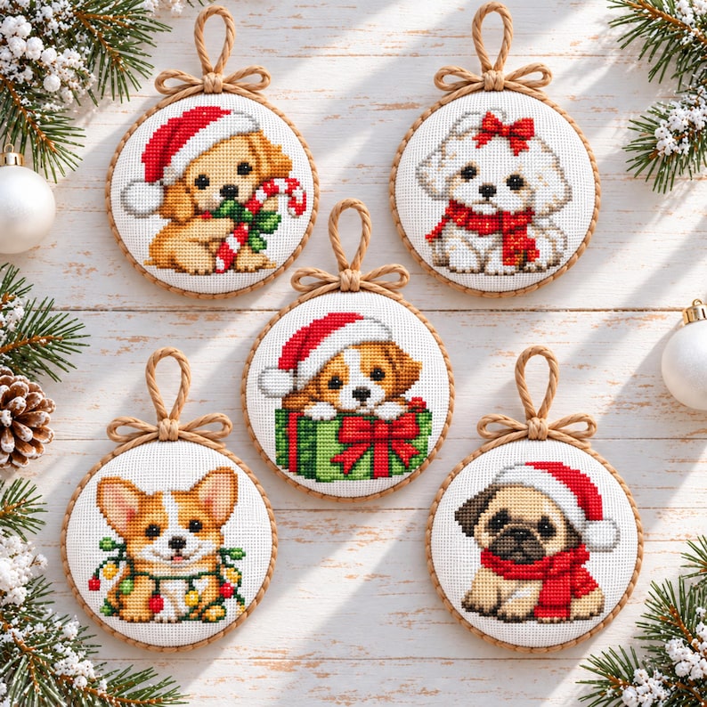 Cross String Support Christmas Cross Stitch Patterns PDF, 20 Mini Dogs, Christmas Ornament ...