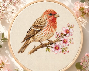 Bird Cross Stitch Pattern, House Finch PDF, Songbird Embroidery Design