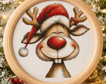 Smiling Reindeer Cross Stitch Pattern, Christmas Embroidery PDF (Instant Download)