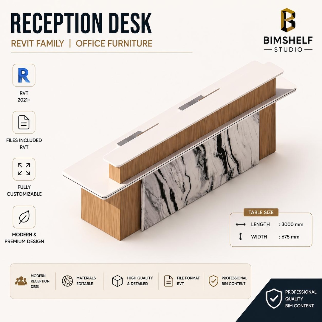 Office Table Design Rvt Modern Reception Desk Revit Family | Office Furniture BIM Model (RVT ...