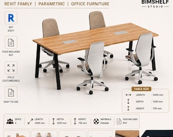 4 Seater Workstation Revit Family | Office Desk Cluster BIM Furniture | RFA Download