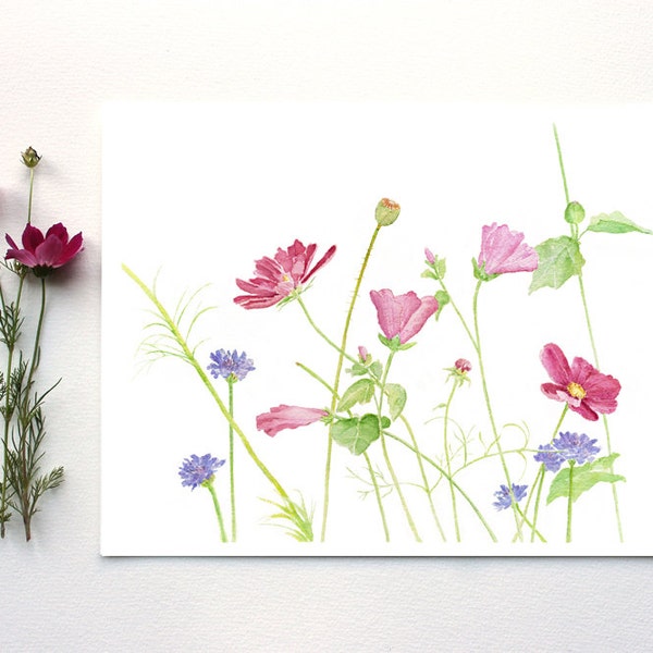 Wildflowers Watercolor Painting, Wildflower Print, Watercolor Flower Print, Pink Flowers, Cosmos, Pastel, Floral Art, Botanical Artwork