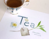 Tea Watercolor Painting, Art Print, Floral, Botanical Tea Print, Mothers Day Gift, Hand Lettering Typography, Kitchen Art, Flower Blue Green