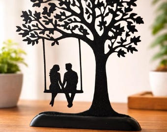 Printed Love Tree Sculpture, Romantic Couple on Swing Figurine