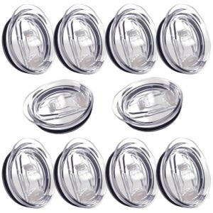 May include: A collection of ten clear plastic tumbler lids with a black rubber seal. The lids have a sliding mechanism to open and close the drinking spout. The lids are designed to fit on tumblers.
