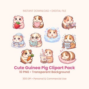 May include: A collection of cute guinea pig clipart in various poses, including holding a strawberry, a heart, and a cup of coffee. The text "Cute Guinea Pig Clipart Pack" is displayed.