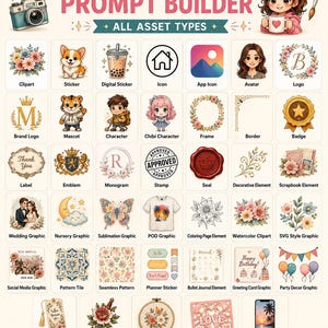 May include: A digital chart titled CLIPART 2.0 PROMPT BUILDER featuring a grid of 35 diverse graphic design asset categories, including icons, mascots, floral elements, patterns, and typography, each labelled with its specific design function.