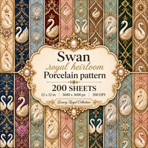 May include: A digital paper collection featuring 200 sheets of swan-themed patterns in various colors like blue, red, green, and cream. The central label reads Swan royal heirloom Porcelain pattern 200 SHEETS 12 x 12 in 3600 x 3600 px 300 DPI Luxury Royal Collection.