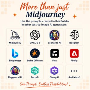 May include: An informational graphic titled More than just Midjourney, featuring a grid of twelve icons representing various AI image generators including DALL-E 3, Leonardo AI, Ideogram, Bing Image, Stable Diffusion, Flux, Firefly, Playground AI, Recraft, and StarryAI.