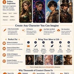 May include: An informational infographic titled Inspire. Create. Amaze. featuring text, icons, and various AI-generated character portraits. The layout includes sections for endless inspiration, character creation steps, and reasons to choose the service.