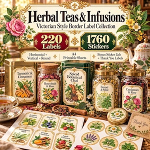 Peut inclure: Une collection de 220 étiquettes et 1760 autocollants intitulée Herbal Teas & Infusions Victorian Style Border Label Collection. L'ensemble comprend des feuilles imprimables A4 avec diverses illustrations botaniques pour bocaux.